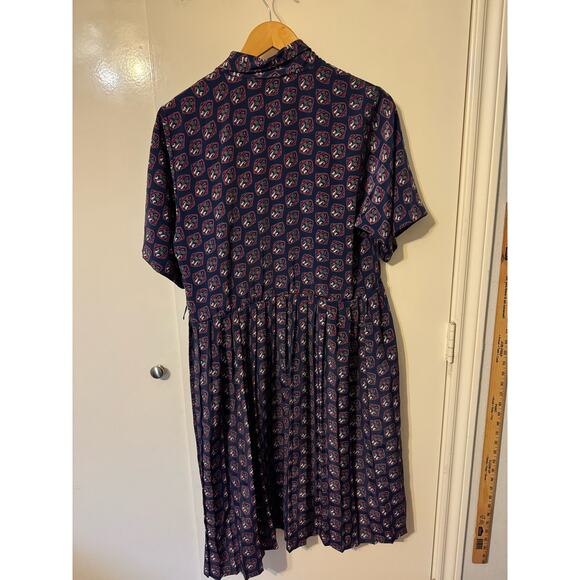 Vintage 80s Petite Plus Navy Polyester Pleated Shirt Dress - Picture 2 of 7